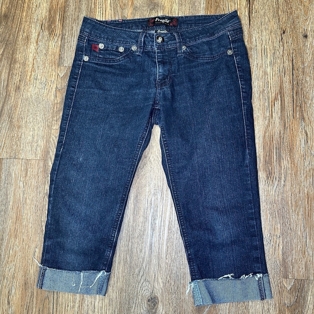 Fragile Blue Capri Jeans Juniors 5 Stretch Denim Cropped Raw Hem Cuffed